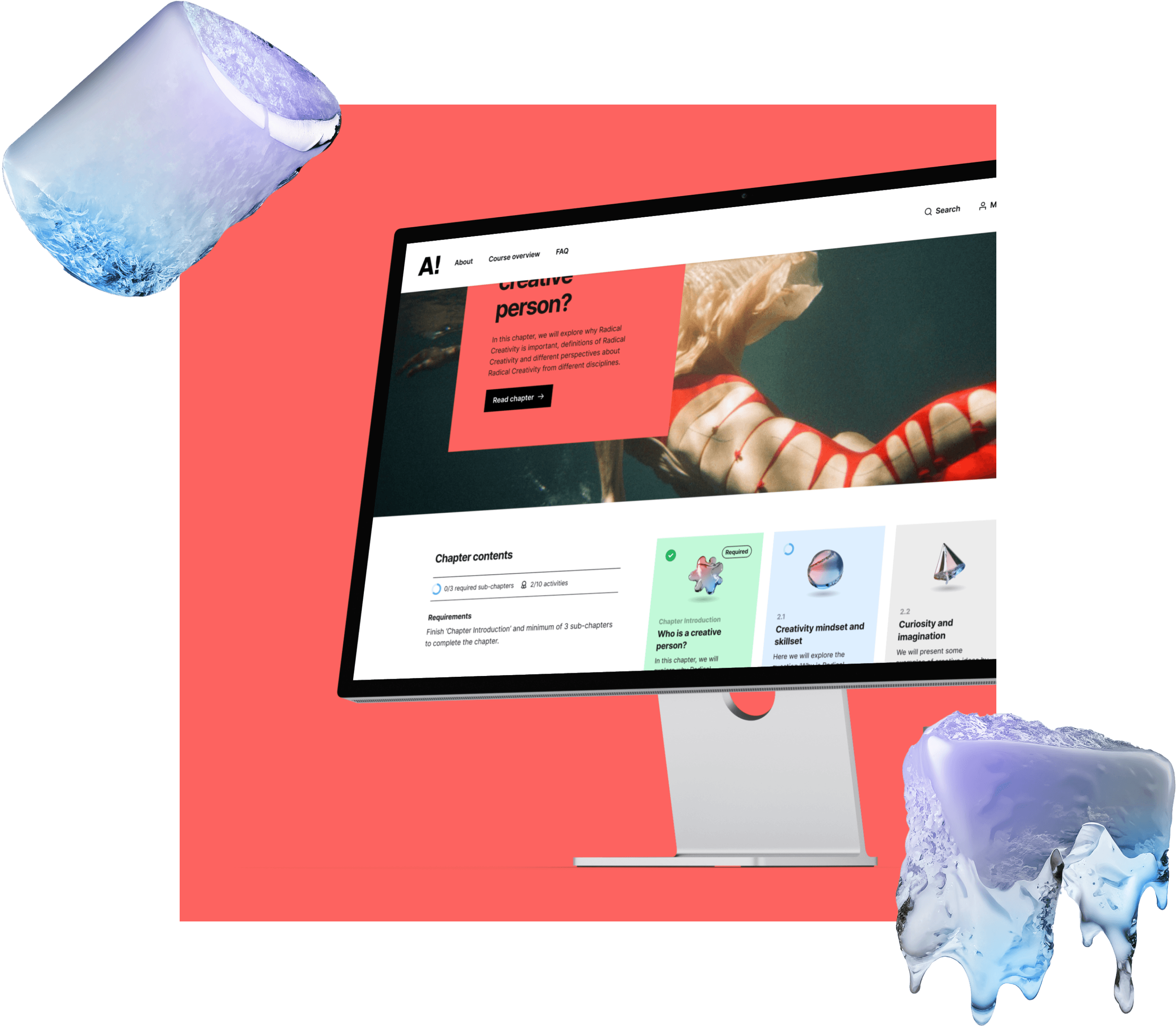 Logo of Dive into radical creativity with a mockup of the page in the background